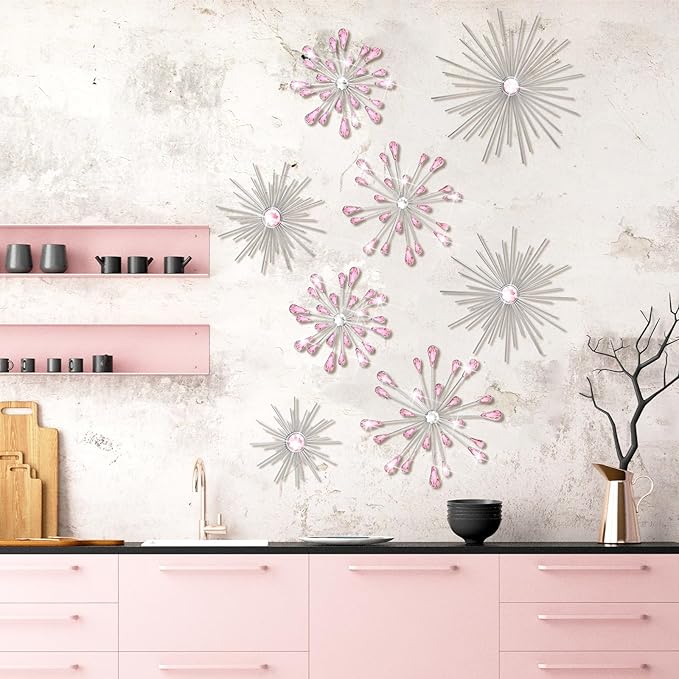 Blulu 8 Pcs Pink Metal Wall Art Cast Iron Starburst Wall Decor Bling Crystal Sculptures Living Room 3D Teardrop Radial Rhinestone Hanging Diamond Accents for Home Office Bedroom Entryway