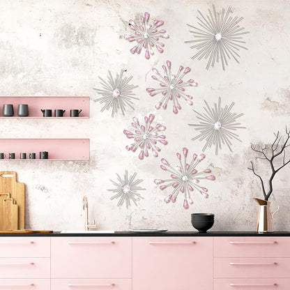 Blulu 8 Pcs Pink Metal Wall Art Cast Iron Starburst Wall Decor Bling Crystal Sculptures Living Room 3D Teardrop Radial Rhinestone Hanging Diamond Accents for Home Office Bedroom Entryway