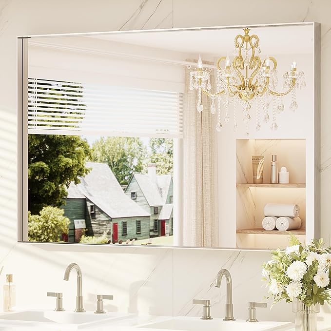 TETOTE 55" x 36" Brushed Nickel Bathroom Mirror, Brushed Nickel Vanity Wall Mirror for Bathroom Sink, Tempered Glass, Modern Farmhouse Rectangle Frame Mirrors for Bedroom, Entryway, Living Room