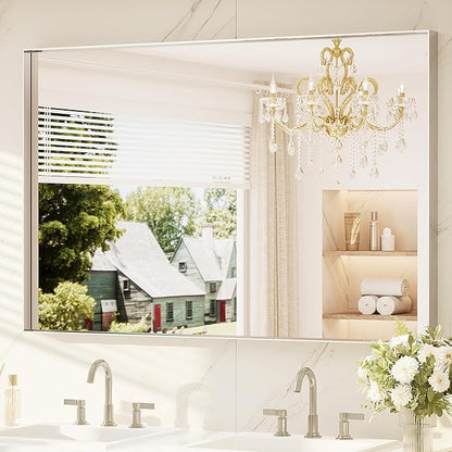 TETOTE 55" x 36" Brushed Nickel Bathroom Mirror, Brushed Nickel Vanity Wall Mirror for Bathroom Sink, Tempered Glass, Modern Farmhouse Rectangle Frame Mirrors for Bedroom, Entryway, Living Room