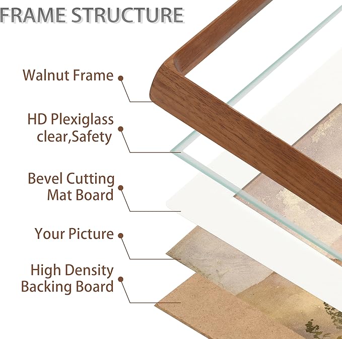 16x20 Picture Frame with Mat for 11x14, Natural Walnut Wood Handcrafted Rounded Corner with Plexiglass, Vertical or Horizontal Display Photo Gallery Poster Wall Mounting Frame
