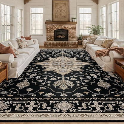 RELEANY Area Rugs 10'x12' Washable Non-Slip, Floral Vintage Distress Print Pattern Medallion Carpet for Living Room Bedroom Dining Room, Black Brown Neutral Dark Tan