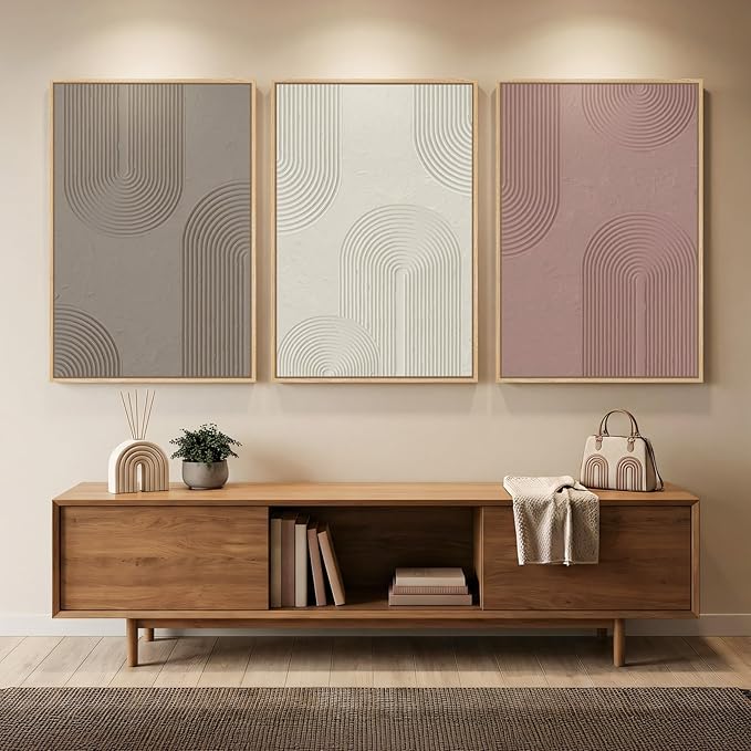 Large Framed Abstract Boho Wall Art for Living Room, 3 Piece Modern Neutral Blush Pink and Brown Canvas Artwork for Walls, Minimalist Painting Print for Bedroom Dining Room Office Wall Decor, 24x36 In