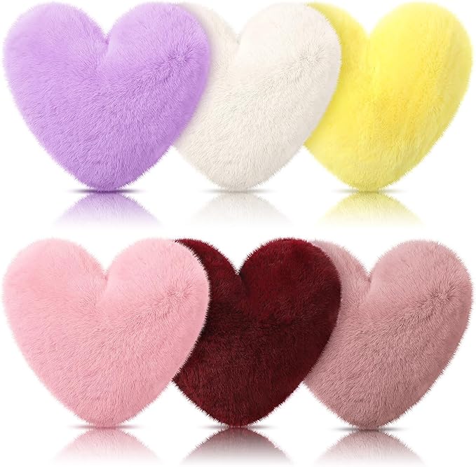 Liliful 6 Pcs Faux Rabbit Fur Heart Pillows Fluffy Heart Throw Pillows Cute Couch Cushion Soft Decorative Throw Cushion for Bed Sofa Girls Women(12 x 11 Inch,Bright Color)
