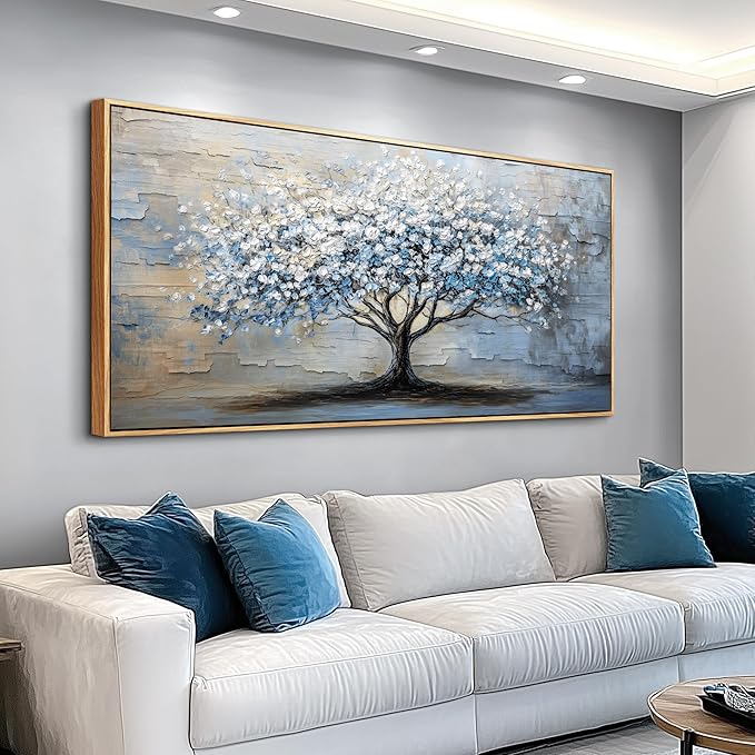 ERQINHUA Wood Framed Abstract Wall Art Office Large Wall Decor Art For Living Room Wall Pictures Blue Grey TreePainting Framed Canvas Artwork Bedroom Dining room Home Decoration Aesthetics 24"X48"