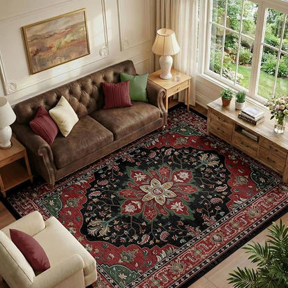 RELEANY Area Rugs 6'x9' Washable Non-Slip, Floral Vintage Distress Print Pattern Medallion Carpet for Living Room Bedroom Dining Room, Red Black