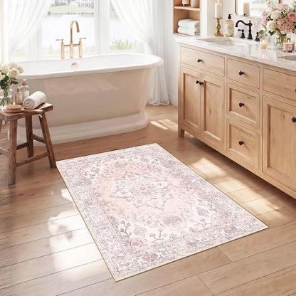 RELEANY Area Rugs 2'6"x4' Kitchen Rugs Entry Rug Small Rugs for Entryway Kitchen Bathroom Door Mat Indoor Entrance,Washable Non Slip, Pink Greypink Cute
