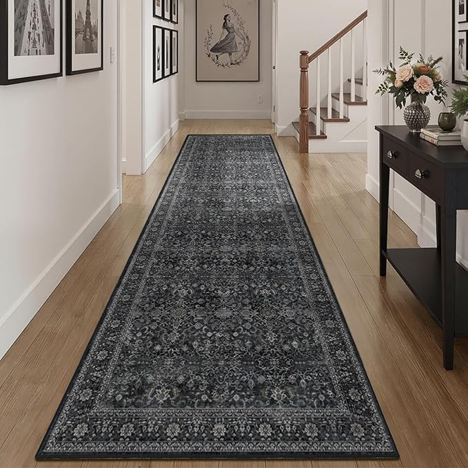 Washable Runner Rug 3x10, Vintage Farmhouse Dark Hallway Runner for Kitchen Floor Non Slip, Low Pile Thin Long Carpet Runner for Entryway Corridor Mudroom Foyer, Midnight