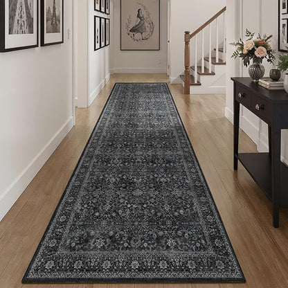 Washable Runner Rug 3x10, Vintage Farmhouse Dark Hallway Runner for Kitchen Floor Non Slip, Low Pile Thin Long Carpet Runner for Entryway Corridor Mudroom Foyer, Midnight