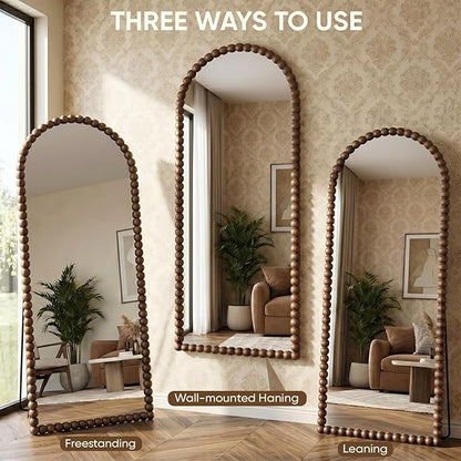 Antok 71" x 28" Arched Full Length Mirror, Antique Beaded Frame Floor Standing or Wall Mounted Mirror with Stand for Bedroom, Entryway, Brown, Luxury Style