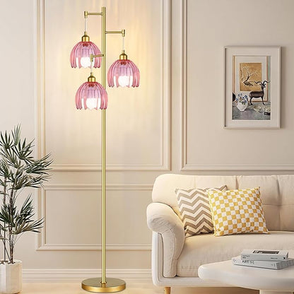 AHDWDW Gold Floor Lamp for Living Room Bedroom,3 Lights Vintage Tree Floor Lamps with Pink Glass Flower Shade,Mid Century Modern Floor Lamp for Corner Office,68IN Unique Tall Standing Lamp with Bulb