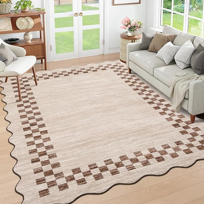 Small Bedroom Area Rug 3x5 Checkered Area Rug for Living Room Nursery Non Slip Kitchen Throw Carpet Low Pile Modern Bordered Rugs Washable Bathroom Mat Soft Brown Rugs for Laundry Entryway, Beige