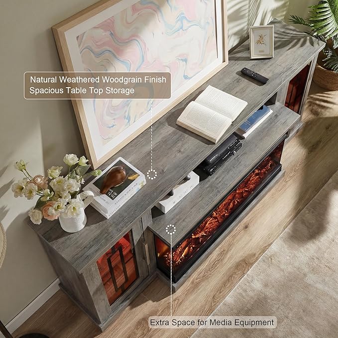 75 Inch Electric Fireplace TV Stand, 3- Side Glass LED Modern Media Entertainment Center Console Table for TVs up to 80/85 Inch w/Adjustable Flame, 40’’ Fireplace, Highboy, Gray Wash