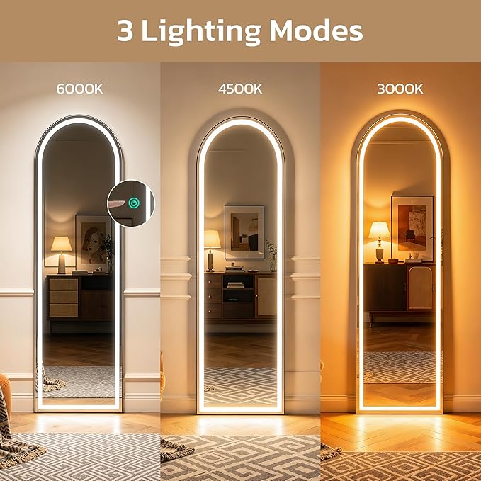 Arched Full Length Mirror with LED Lights, 60"x16" LED Floor Mirror with Stand, Body Floor Mirrors with Dimming & 3 Color Lighting, Wall Mounted LED Mirrors for Bedroom, Dressing Room, Cloakroom