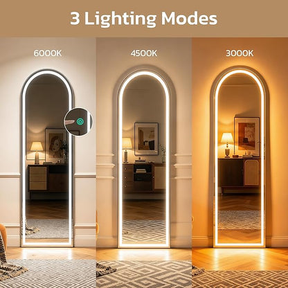 Arched Full Length Mirror with LED Lights, 60"x16" LED Floor Mirror with Stand, Body Floor Mirrors with Dimming & 3 Color Lighting, Wall Mounted LED Mirrors for Bedroom, Dressing Room, Cloakroom