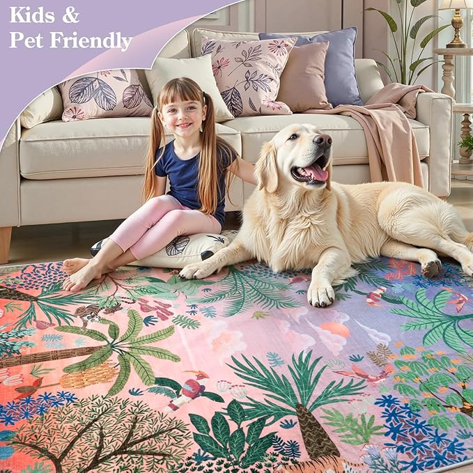 LIVEBOX Jungle Rugs 5x7 Kids Rugs for Bedroom Girls, Soft Lavender Rug for Nursery Baby Room, Non-Slip Girls Bedroom Rug, Machine Washable Purple Modern Dining Room Floor Carpet