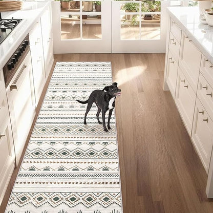Runner Rug 2x7 Boho Geometric Area Rugs: Washable Kitchen Entryway Rug, Soft Non Slip Moroccan Long Hallway Rugs for Bedroom Bathroom Laundry Entryway Staircase Foyer(Brown Green,2'x7')