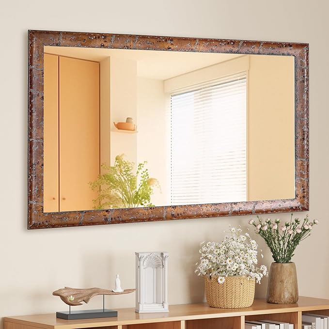 CULER Wood Wall Mirror for Bathroom,Rectangle Rustic Brown 24 x 36 inch Hanging Vanity Farmhouse Mirrors with Wooden Frame for Living Room,Bedroom,Entryway