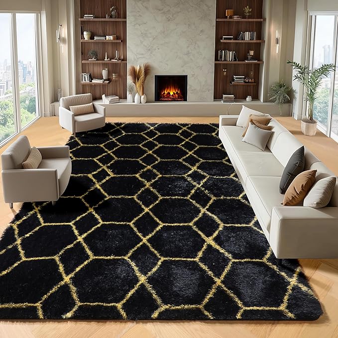 ONASAR 8x10 Area Rugs for Living Room, Fluffy Black and Gold Bedroom Rug, Geometric Boho Large Soft Plush Shaggy Fuzzy Floor Carpet for Nursery Kids Classroom Playroom Dorm Home Decor