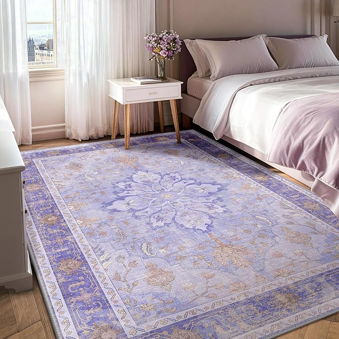 RELEANY Area Rugs 6'x8' Washable Non-Slip, Floral Vintage Distress Print Pattern Medallion Carpet for Living Room Bedroom Dining Room, Light Purple Brown