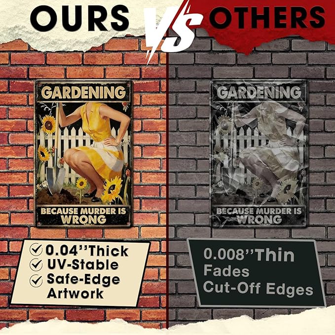 Gardening Because Murder Is Wrong Tin Sign Metal Sign Rustic Garden Decor Outdoor Yard Sign for Gardeners Unique Gifts 8x12Inch