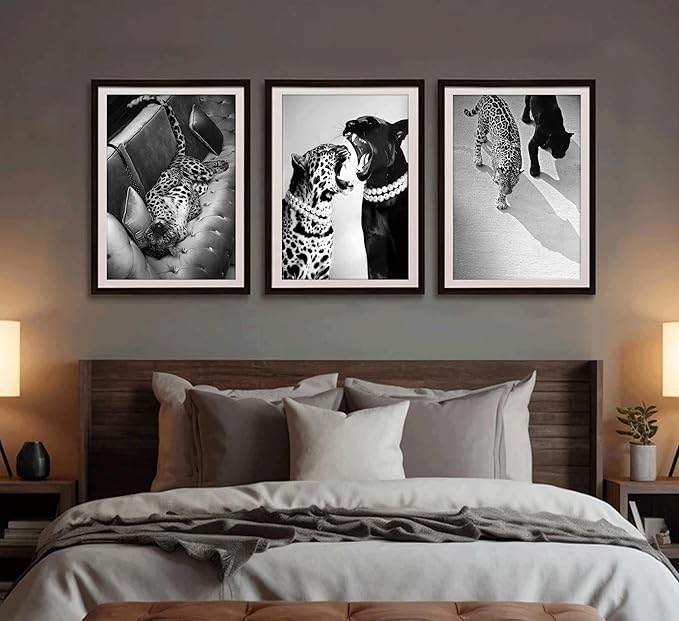 3 Pcs Black and White Cheetah Canvas Wall Art Vintage Trendy Wild Leopard Painting Picture Wall Decor Poster Print Artwork for Bedroom Living Room Apartment Home Decoration (16L x12W-Poster)