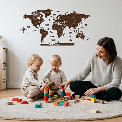 Colorfull Worlds, Multilayer 3D Wooden World Map, Travel Map States and Capitals, Wall Decor For New House, Gift For Travelers, Office Decor, Birthday Present, Living Room Decoration (XL, Light Brown)