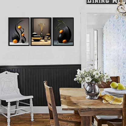 raiqtols Modern Abstract Framed Wall Art for Living Room Set of 3 – Bright Style Orange Still Life Canvas Prints, Smooth Surface Vase Wall Decor with Black Wood Frame for Bedroom Bathroom Office – 16x24in