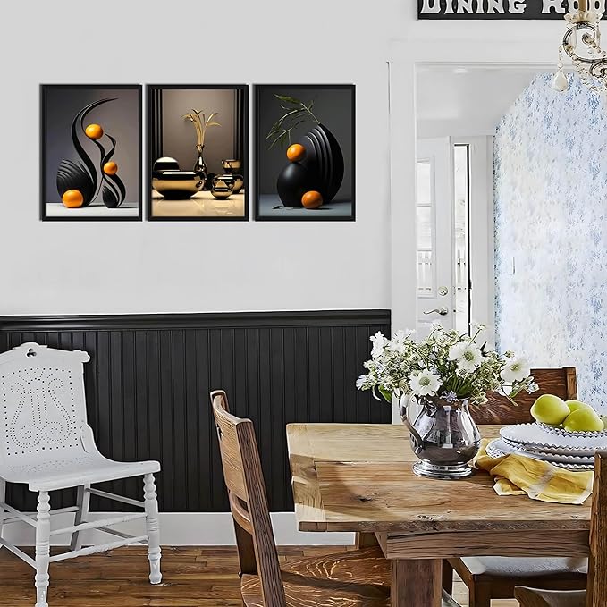 raiqtols Modern Abstract Framed Wall Art for Living Room Set of 3 – Bright Style Orange Still Life Canvas Prints, Smooth Surface Vase Wall Decor with Black Wood Frame for Bedroom Bathroom Office – 12x16in