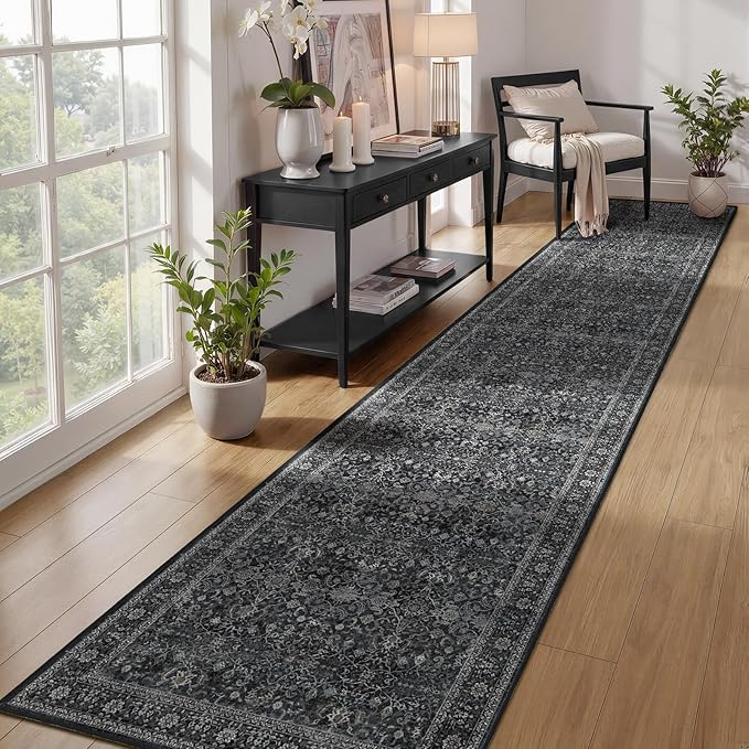 Washable Runner Rug 3x10, Vintage Farmhouse Dark Hallway Runner for Kitchen Floor Non Slip, Low Pile Thin Long Carpet Runner for Entryway Corridor Mudroom Foyer, Midnight