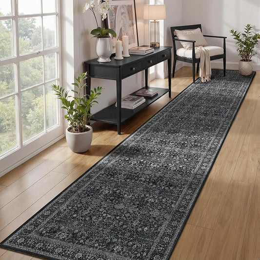 Dark 2x10 Rug Runners for Hallways Non Slip, Long Kitchen Runner Rugs Non Skid Washable, Vintage Famrhouse Low Pile Thine Carpet Runners for Entryway Corridor Mudroom Foyer, Midnight