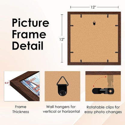 FIXSMITH 12x12 Picture Frame Brown Set of 2, Photo Frame with HD Plexiglass, Display Pictures 8x8 with Mat or 12x12 Without Mat, Brown Picture Frames Collage Wall Decor, Gallary Wall Frame