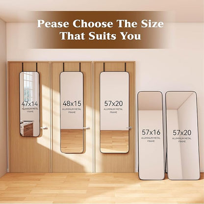 NARCISSUS 57x16 Mirror Door Hanging Full Length Body with Floor Stand or Wall Mounted Metal Aluminum Frame Tempered Glass Rectangle Mirrors for Bedroom Dressing Living Room Bathroom 57 inch Black