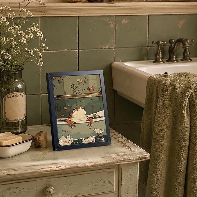 Funny Frog Bathroom Canvas Wall Art, Cute Japanese Frog in Toilet Wall Decor Painting, Whimsical Animal Restroom Canvas Prints Poster 8x10 Inch Framed