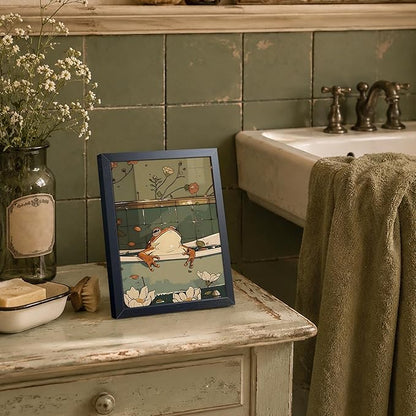 Funny Frog Bathroom Canvas Wall Art, Cute Japanese Frog in Toilet Wall Decor Painting, Whimsical Animal Restroom Canvas Prints Poster 8x10 Inch Framed