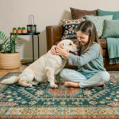 Tangsoo Vintage 4x6 Rug for Living Room,Washable Indoor Area Rug Non-Slip Rubber Backing Mat,Yellow Green Multi Geometric Soft Low Pile Carpet for Front Porch Dining Room Patio Bedroom