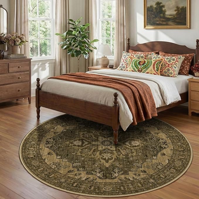 RELEANY Area Rugs Round 8ft Washable Non-Slip, Floral Vintage Distress Print Pattern Medallion Carpet for Living Room Bedroom Dining Room, Brown Dark Brown