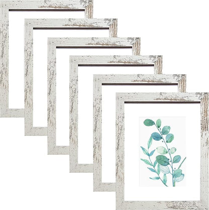 SESEAT 8x10 Picture Frame Distressed White Set of 6, Display Pictures 5x7 With mat or 8x10 Without Mat