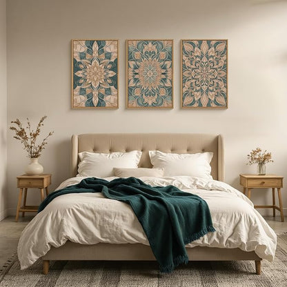 HLNIUC Mandala Boho Framed Canvas Wall Art, Vintage Green Abstract Flower Decor, Scandinavian Botanical Artwork Set of 3(16x24), Southwestern Mexican Bohemian Prints for Living Room, Bedroom, Office