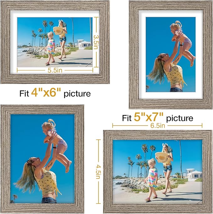 Vittanly 5x7 Picture Frames Set of 9, Display 4x6 Pictures with Mat or 5x7 without Mat, Photo Frames for Wall or Tabletop with Plexiglass, Engineered Wood, Grayish Brown