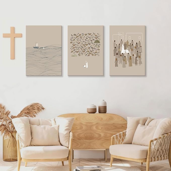 3Pcs Christian Wall Art Jesus Canvas Art Prints Beige Bible Sketches Painting Pictures Inspirational Scripture Artwork Posters Religious Wall Decor for Living Room Church Prayer Room 16”x24”x3