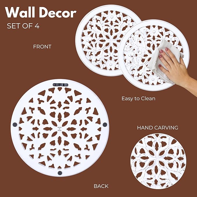 Woodify Hand-Carved Wooden Wall Décor – Set of 4, 12" x 12" Decorative Wood Panels, Floral Design, White Antique Finish, Wall Art for Living Room & Home Décor