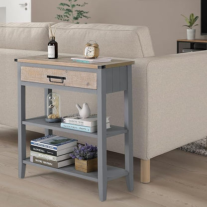 RUSTOWN Farmhouse Console Table with Drawer, 3-Tier Rustic Entryway Table with Open Storage Shelves and Handmade Metal Handle, Narrow Foyer Sofa Table for Living Room, Entryway, Hallway (Grey)