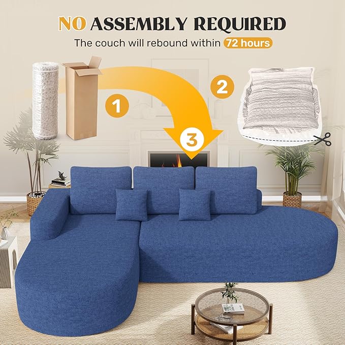 112" Modern Curved Cloud Couch, Chenille Boneless Couches for Living Room with Deep Seat, Memory Foam Compressed Modular Sectional Sofa, No Assembly Required,Navy Blue 1 PCS