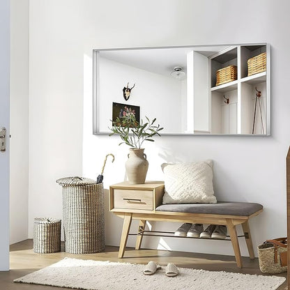CIRCUMI Silver Bathroom Mirror, 30"x60" Rectangular Mirror with Deep Metal Frame, Brushed Finish, Tempered Glass, Large Mirror for Wall, Over 2 Sinks, Installed Vertically/Horizontally, Crystal-Clear
