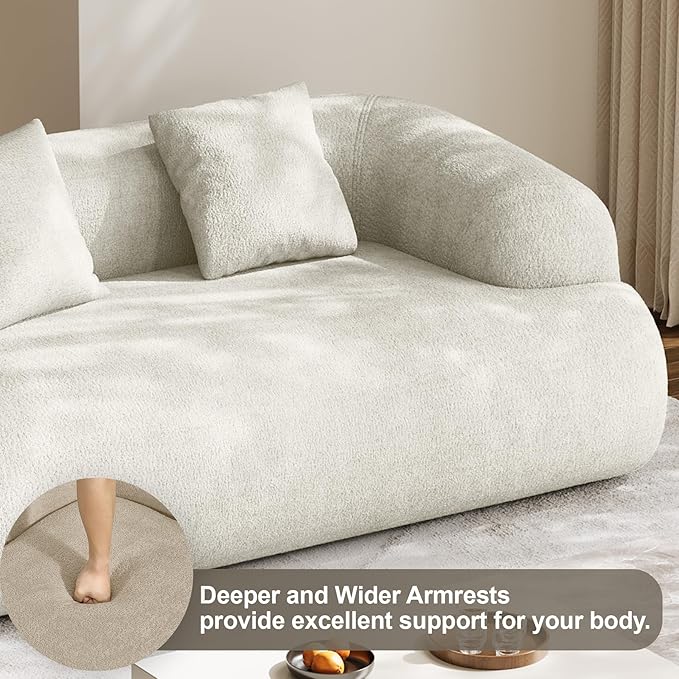 75" Boneless Cloud Loveseat, Modern Cute Curved Chenille Sofa, 2 Seater Compression Couch with 2 Pillows, No Assembly Required for Apartment Living Room, Beige White