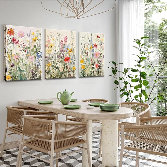 KISSFOX 3 Piece Watercolor Flower Framed Wall Art Decor Colorful Botanical Wildflower Pictures Paintings Wall Decor Modern Minimalist Floral Canvas Art Prints Artwork For Bedroom Living Room Bathroom