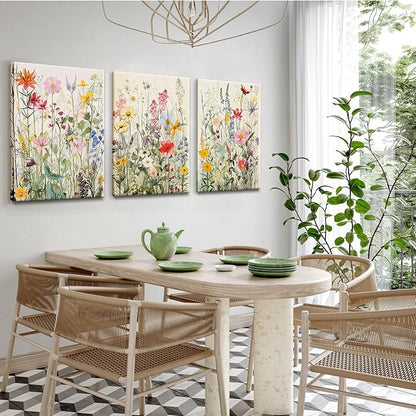 KISSFOX 3 Piece Watercolor Flower Framed Wall Art Decor Colorful Botanical Wildflower Pictures Paintings Wall Decor Modern Minimalist Floral Canvas Art Prints Artwork For Bedroom Living Room Bathroom
