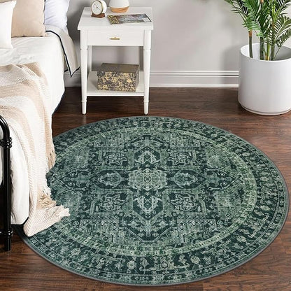 KOZYFLY Boho Round Rug 5 Ft Rugs for Entryway Washable Circle Rug Non Slip Doormat Printed Faux Wool Vintage Round Entryway Rug Floor Carpet Round for Entrance, Bedroom, Dark Green