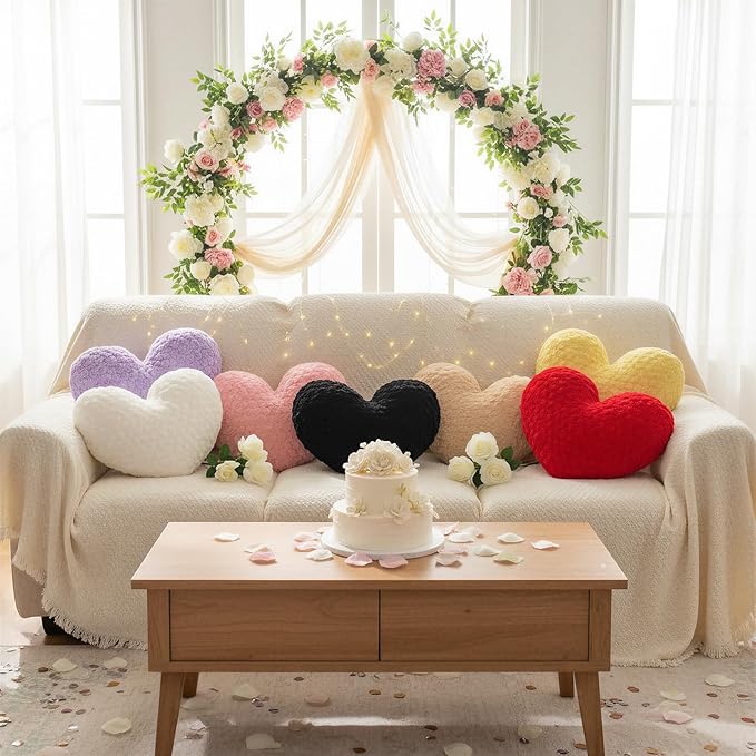 16" Blush Nude Heart Pillow, Luxury 600GSM Rose Textured Faux Rabbit Fur, Soft Apricot Aesthetic Decorative Throw Pillow for Couch Bed, Healing Neutral Pink Heart Cushion Decor